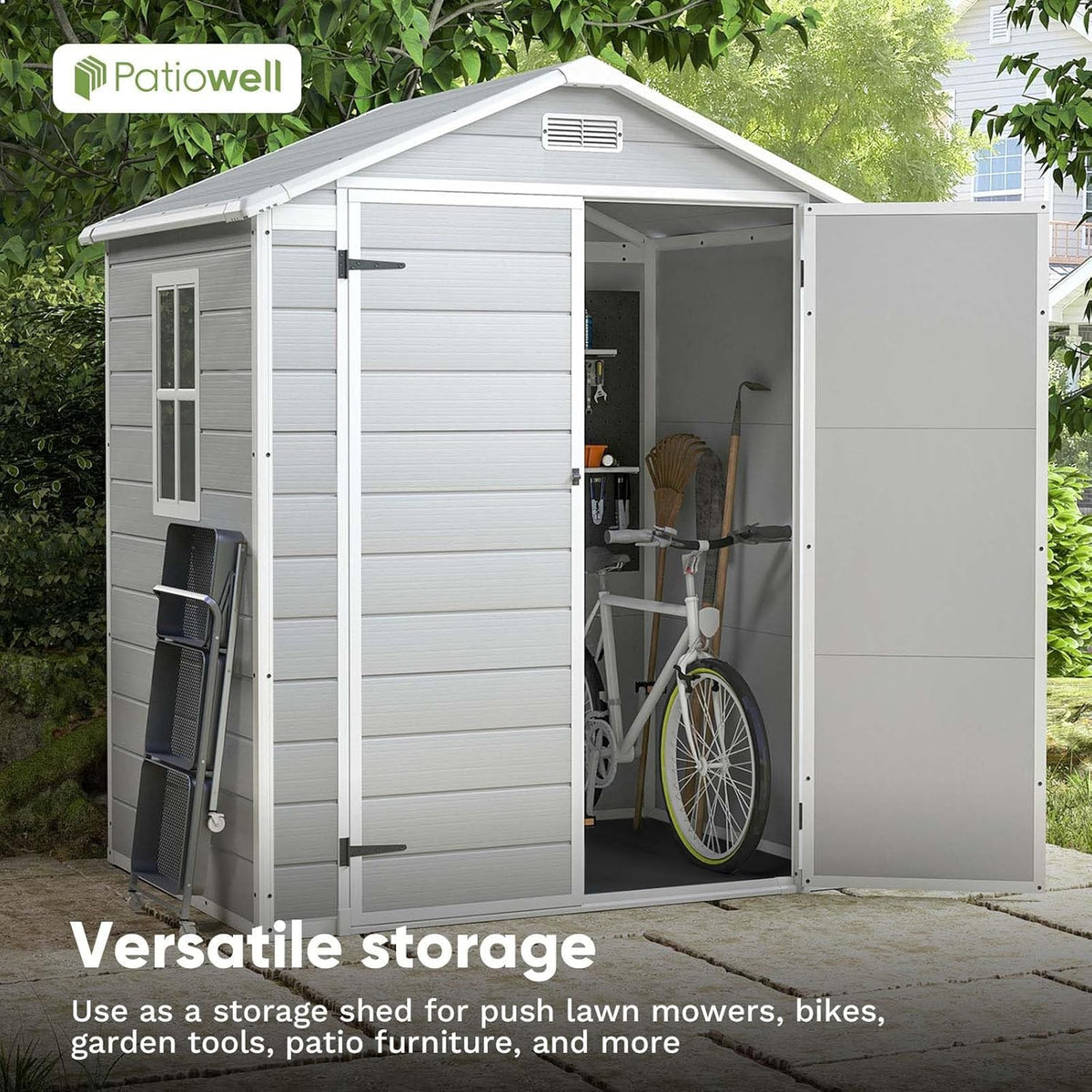 Patiowell 6 x 4 FT Plastic Outdoor Storage Shed with Floor, Resin Outside Sheds with Window, Garden Tool Shed with Lockable Door for Patio Storage, Backyard, Light Gray