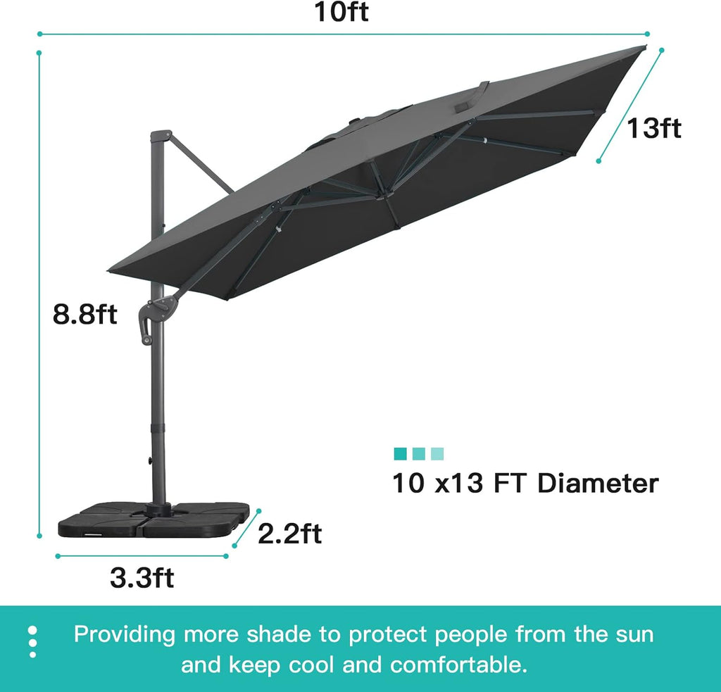 Sunnyglade 10x13Ft Cantilever Patio Umbrella Rectangular Deluxe Offset Umbrella 360°Rotation & Integrated Tilting System Patio Hanging Umbrella for Market Garden Deck Pool Backyard Patio(Grey)