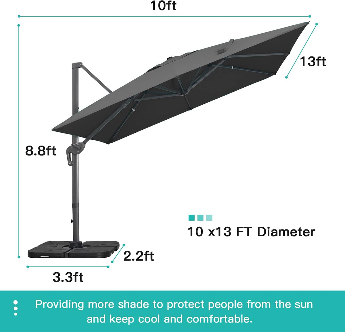 Sunnyglade 10x13Ft Cantilever Patio Umbrella Rectangular Deluxe Offset Umbrella 360°Rotation & Integrated Tilting System Patio Hanging Umbrella for Market Garden Deck Pool Backyard Patio(Grey)