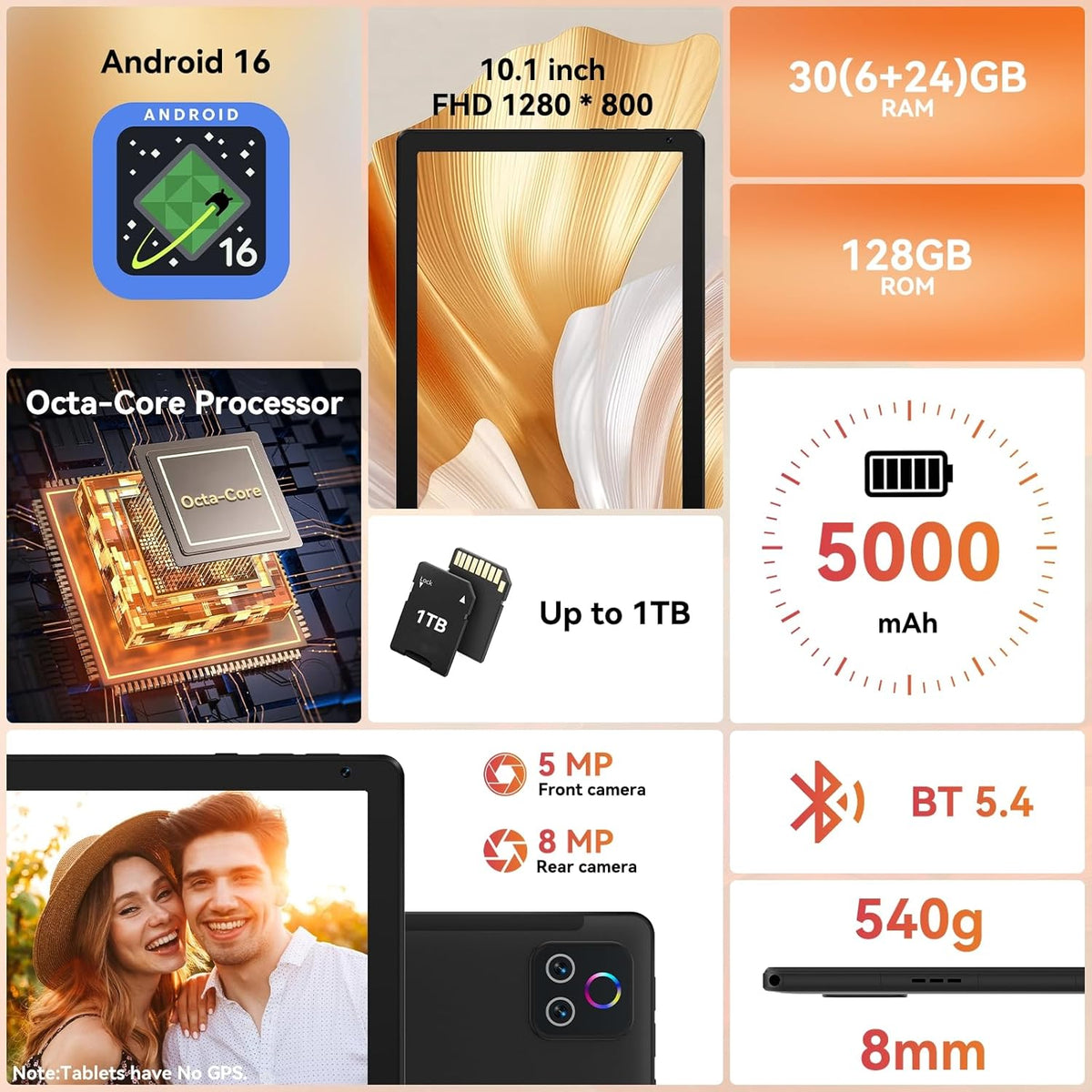 URAO Tablet,10.1" Android Tablet with Octa-core Processor 30GB RAM 128GB ROM HD IPS Touchscreen 8H Battery, Wi-Fi 6, BT 5.4, Dual Camera, Android 16 Tablets 2026