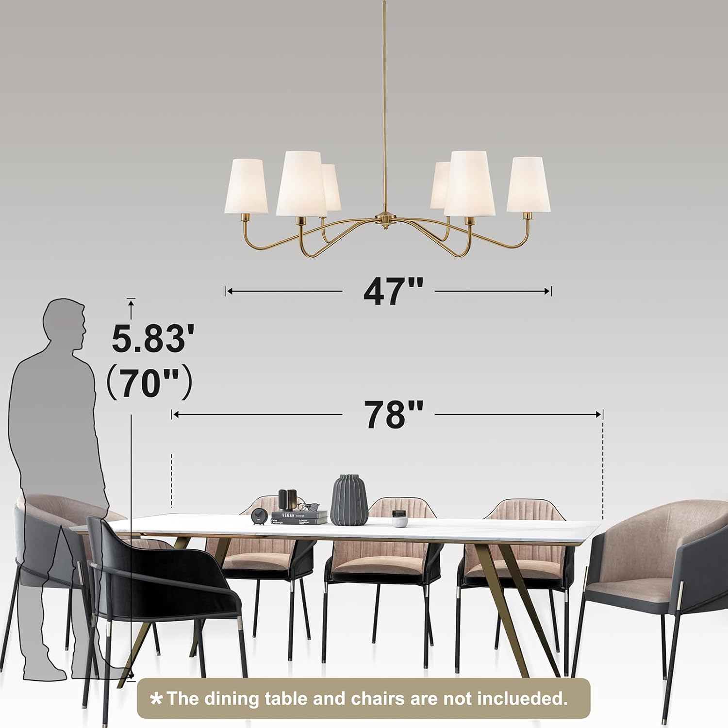 47'' Brushed Brass Chandelier with Shades, Oversized 6-Light Modern Chandelier for Living Room, Large Dining Room Light Fixture, Adjustable Brass Classic Pendant Light Fixture for Kitchen E12 Base