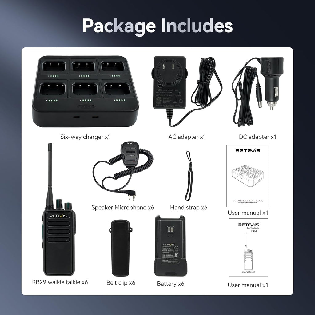 Retevis RB29 Walkie Talkies with Shoulder Mic,Rechargeable 2 Way Radios 6 Pack,with 6 Way Multi Gang Charger,Intuitive Charging Progress,Rugged Two Way Radio for Business Factory Jobsite Warehouse
