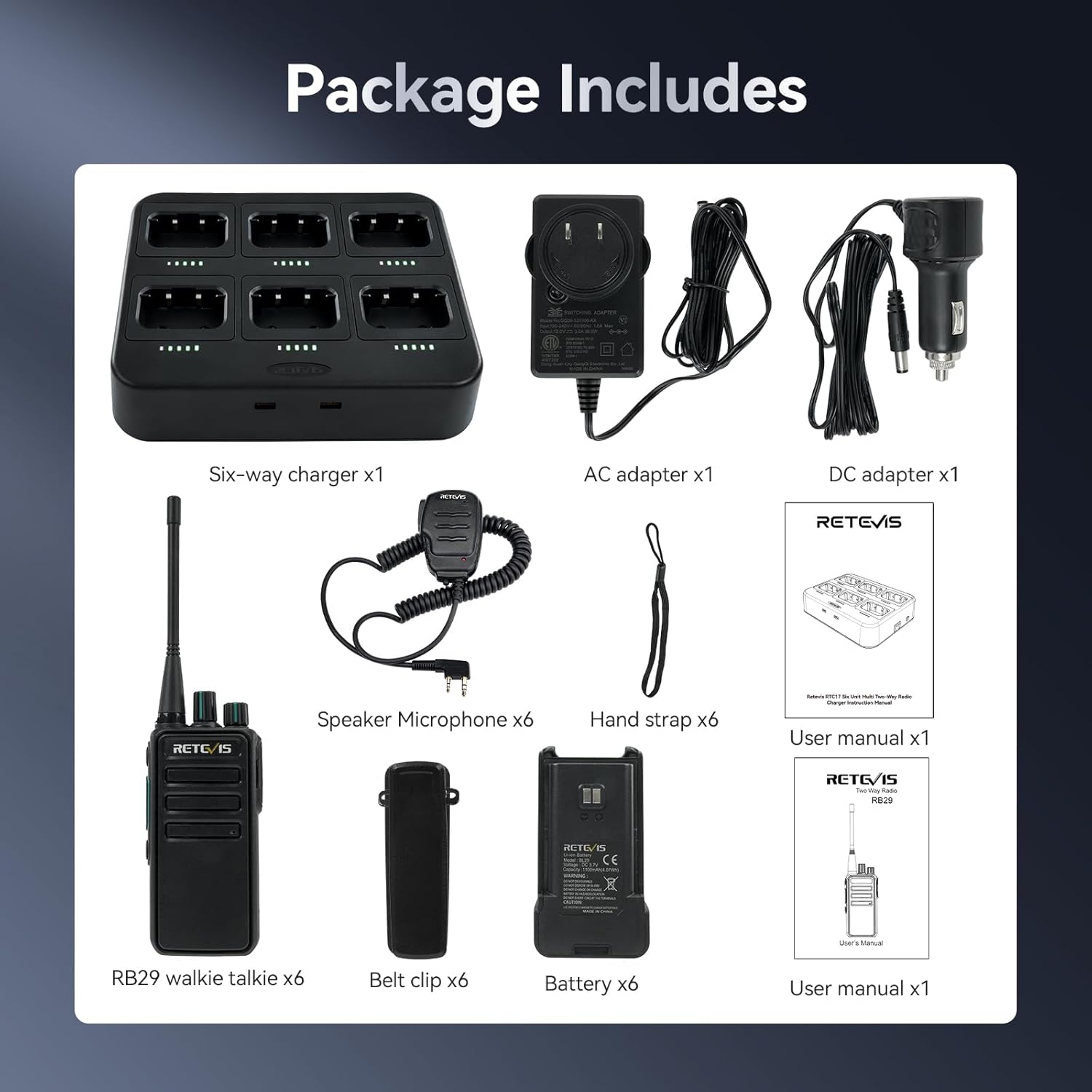 Retevis RB29 Walkie Talkies with Shoulder Mic,Rechargeable 2 Way Radios 6 Pack,with 6 Way Multi Gang Charger,Intuitive Charging Progress,Rugged Two Way Radio for Business Factory Jobsite Warehouse