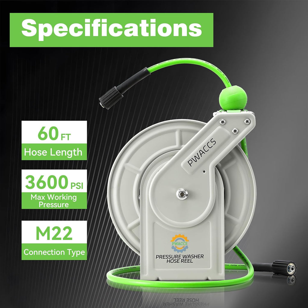 PWACCS Retractable Pressure Washer Hose Reel, Heavy Duty Power Washer Hose Reel 1/4" x 60ft, High Pressure Reel Auto Rewind, Wall/Floor Mounted, 3600 PSI