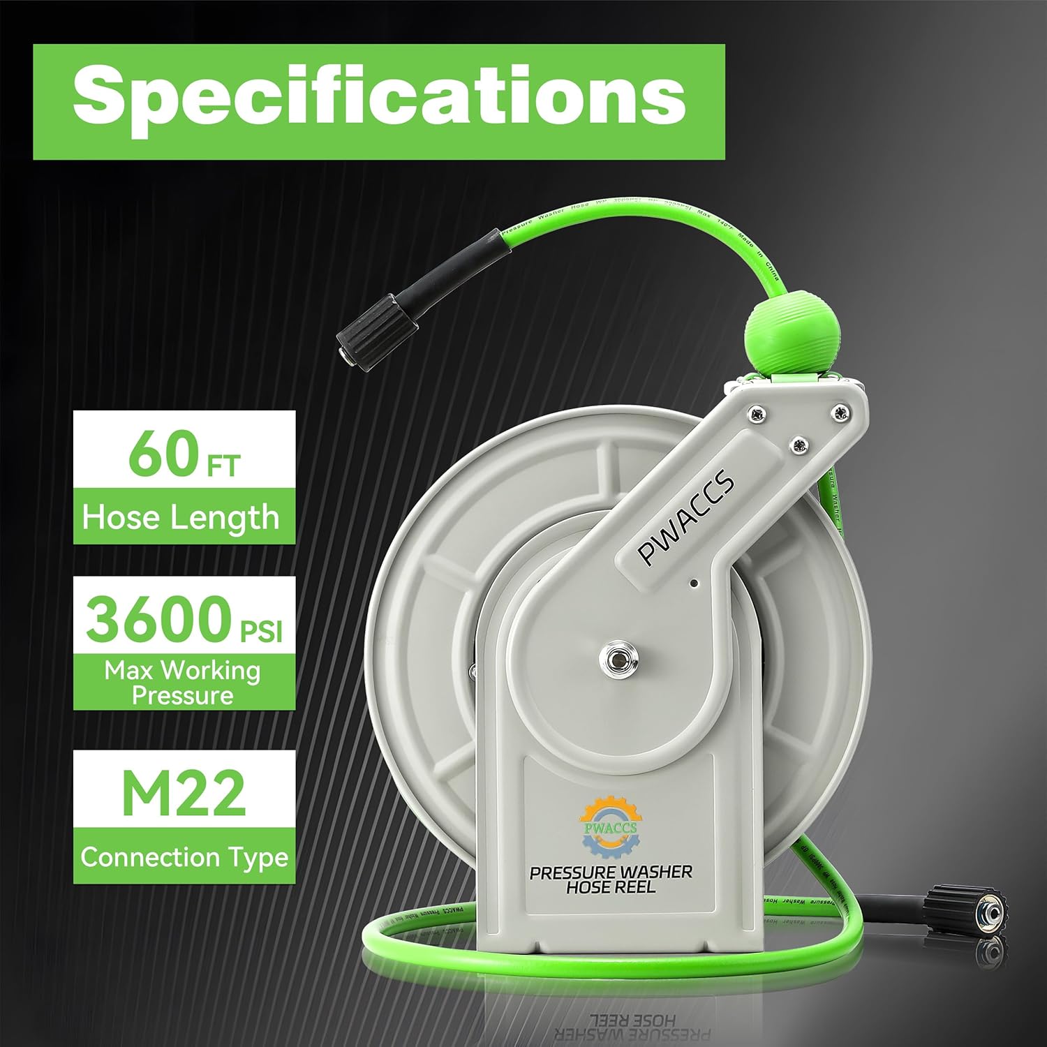 PWACCS Retractable Pressure Washer Hose Reel, Heavy Duty Power Washer Hose Reel 1/4" x 60ft, High Pressure Reel Auto Rewind, Wall/Floor Mounted, 3600 PSI