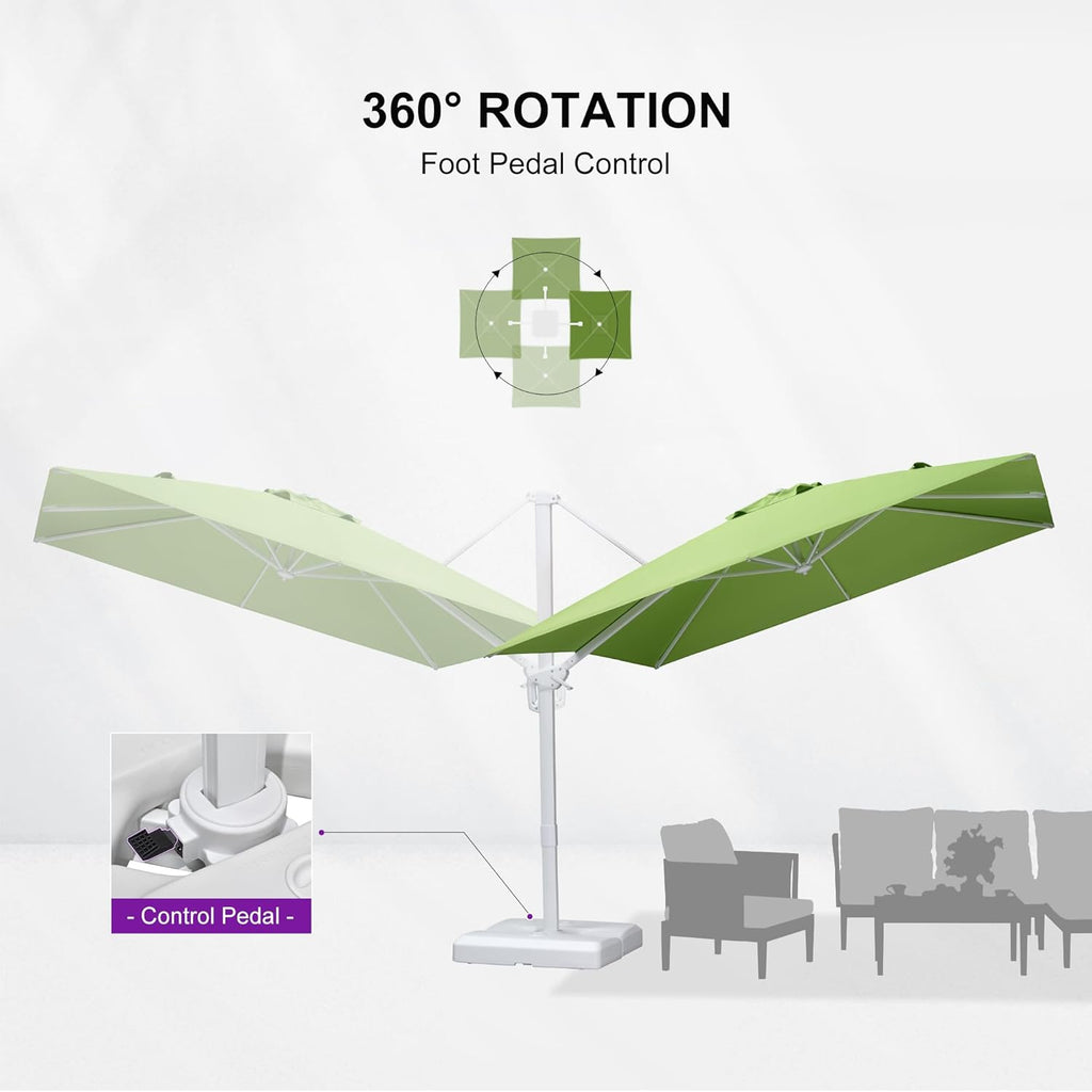 PURPLE LEAF 9 FT Patio Umbrella With Base White Cantilever Umbrella Square Outdoor Offset Umbrella Windproof with 360° Rotation for Garden Deck Pool, Macaw Green