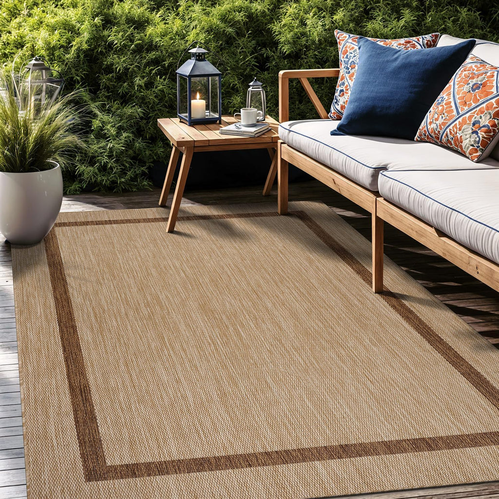 Luul Home Bordered Outdoor Rug 9x12 Washable Outside Carpet for Indoor Patio Porch Waterproof Easy Cleaning Non Shedding Area Rugs Jute Beige - Nut Brown 9 x 12