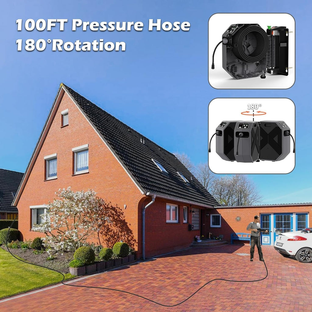 Wall Mounted PowerWasher 5000MAXPSI, 100FT Retractable Hose, Foam Cannon & 5 Quick Connect Nozzles for Car, Lane, Patio Cleaning