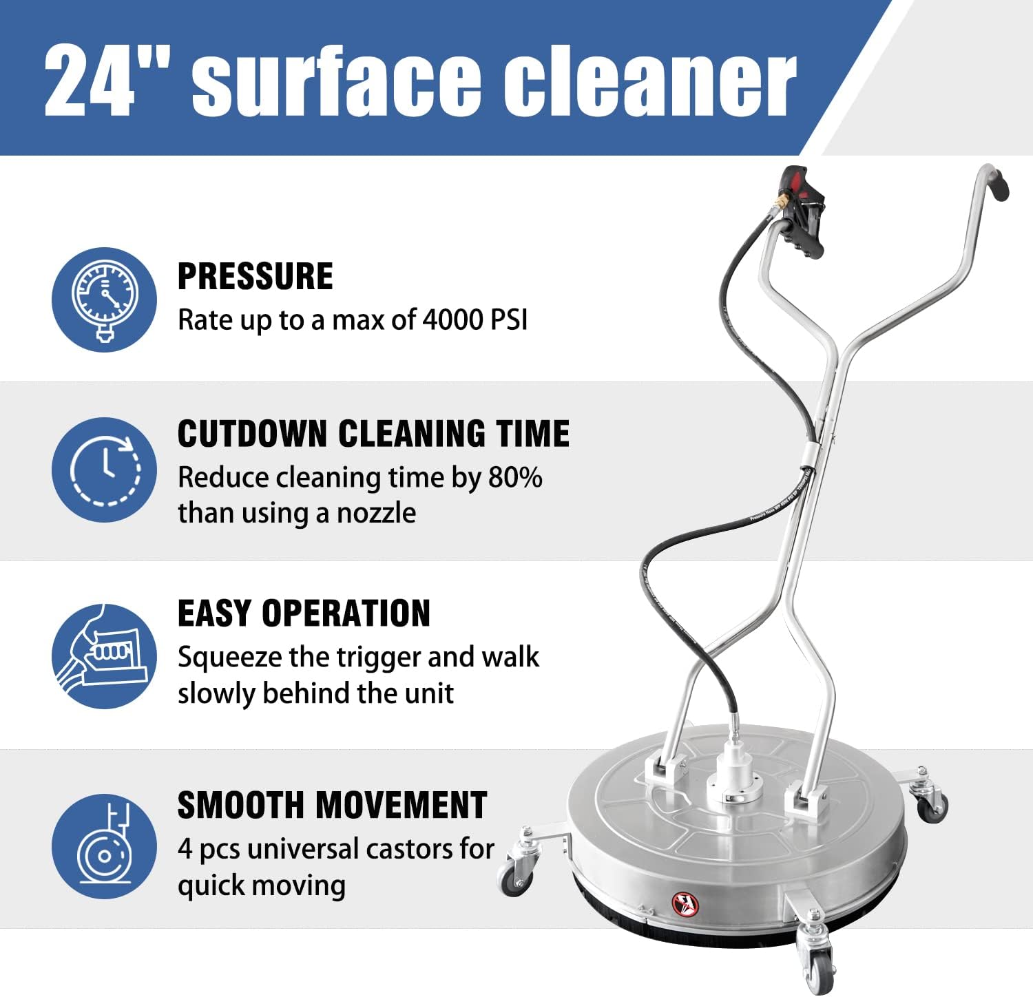 JANZ 24'' Pressure Washer Surface Cleaner with 4 Wheels,Dual Handle,Stainless Steel Housing, 4 Replacement Nozzle Cores and 2 Hose Adapters,Ideal for Driveways, Sidewalks,Patios,Decks Cleaning