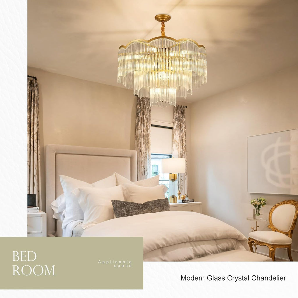 27.75" Gold Clear Glass Crystal Chandelier 14-Light Modern Crystal Pendant Ceiling Light Fixture 4-Tier Luxury Glass Chandeliers,for Dining Room Kitchen Island Living Room Bedroom