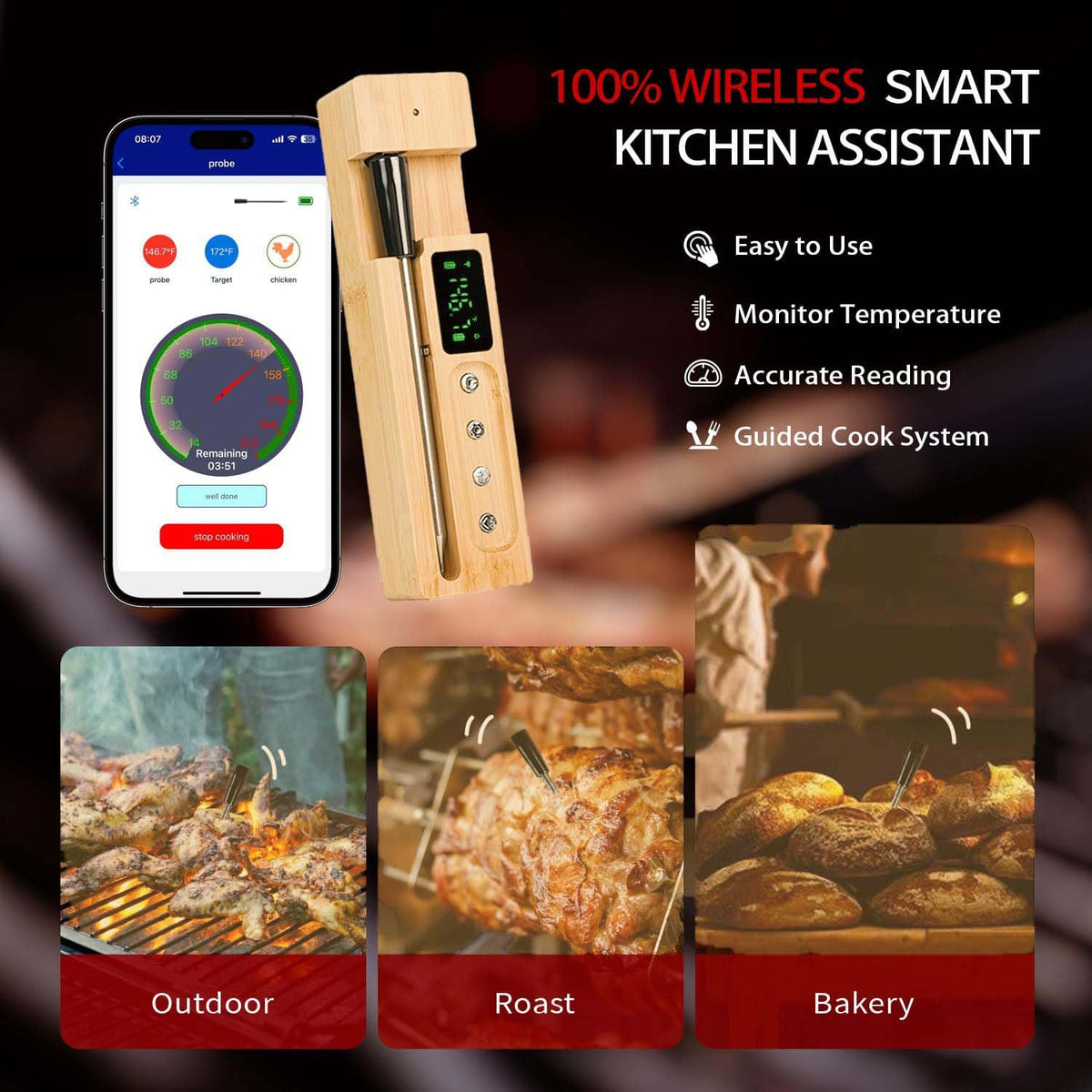 Wireless Meat Thermometer Digital, Smart Bluetooth Instant Read Thermometer .±0.9℉ Accuracy, IP68 Waterproof Food Thermometer for Oven, Smoker, BBQ, Rotisserie, Kitchen