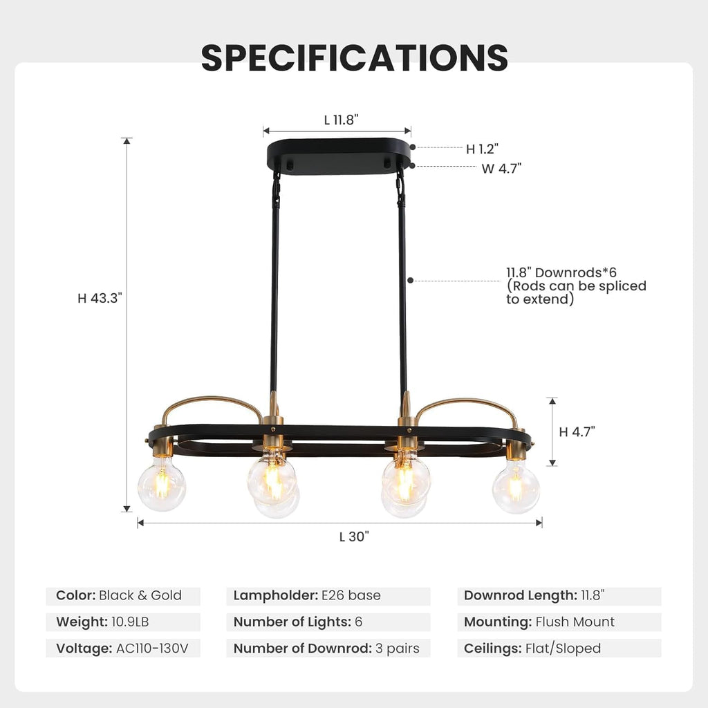 6 Lights Rectangular Chandelier, Black and Gold Linear Chandelier Rectangle Pendant Light Fixture, Modern Chandeliers for Kitchen Island Dining Room Over Table L-30''
