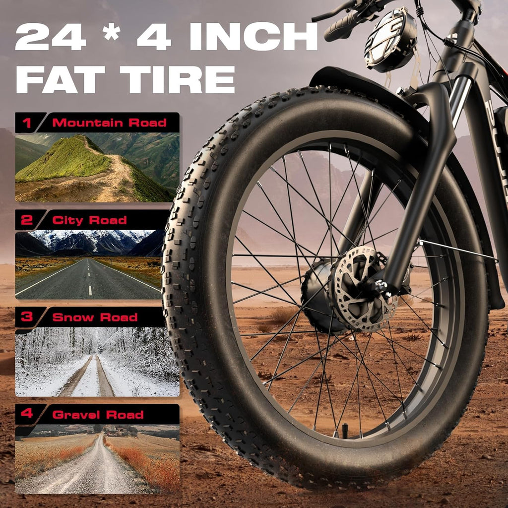 4000W Dual Motor Ebike with 52V 25Ah Removable Battery for Adults,Max Speed 38MPH Up to 100 Miles,24" Fat Tire Electric Bike for Snow Off-Road Commuter E-Bike for Men