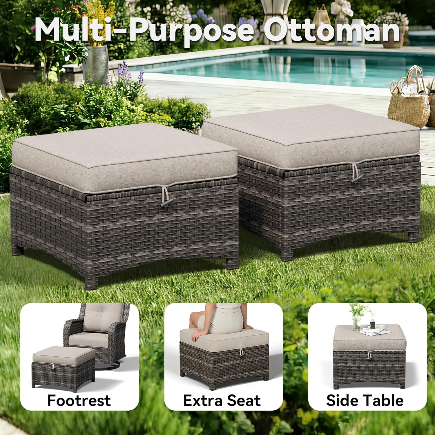 4 Piece Outdoor Wicker Patio Furniture Set, Patio Chairs Set with Thickened Olefin Cushions, High Back and Deep Seating, Hand-Woven PE Rattan, Ottoman for Porch, Deck, Beige