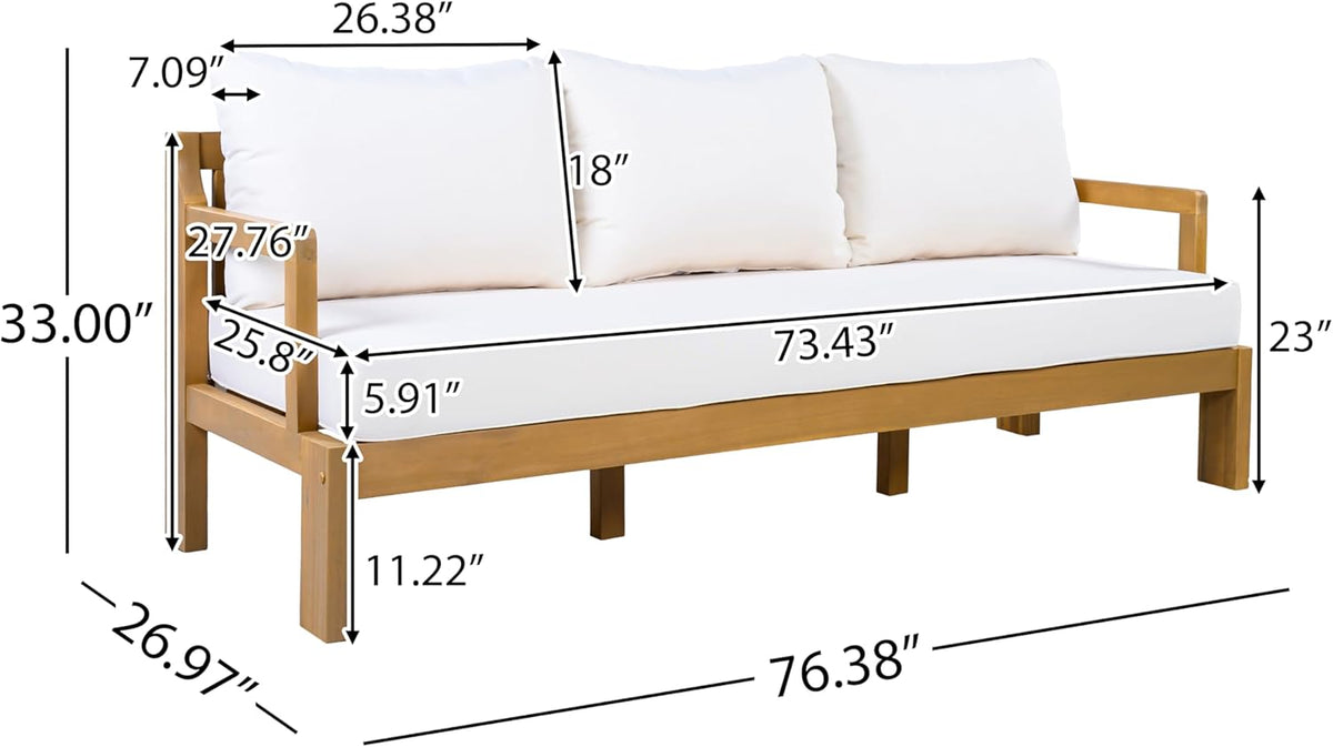 Christopher Knight Home Bayah Acacia Wood Outdoor 3 Seater Sofa with Cushion, Solid Wood Patio Sofa with Removable Cushion, Comfy Lounge Sofa for Patio Furniture Set, Natural Teak+Beige