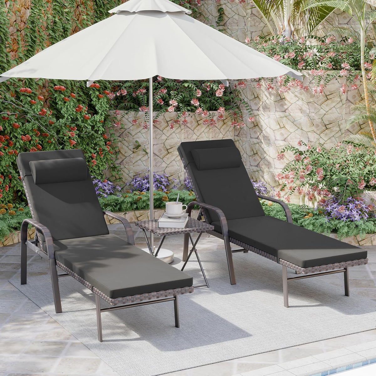3 Pieces Patio Chaise Lounge Set Outdoor PE Rattan Armrest Lounge Chair Adjustable Backrest Reclining Chair with Folding Table and Cushion for Patio Poolside Backyard Porch Beach(Black)