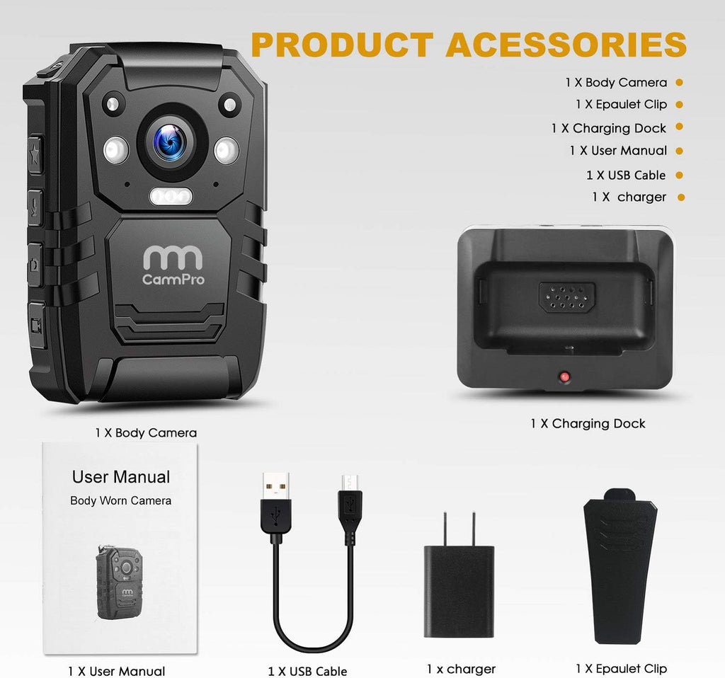 CammPro I826 1296P HD Police Body Camera,128G Memory,Waterproof Body Worn Camera,Premium Portable Body Camera with Audio Recording Wearable,Night Vision,GPS for Law Enforcement