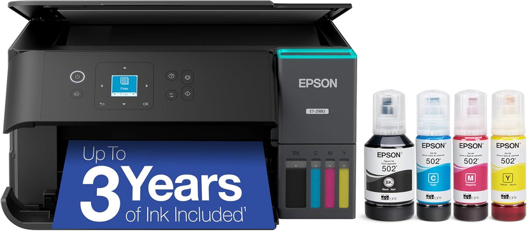 Epson EcoTank ET-2980 Wireless All-in-One Color Supertank Printer with up to 3 Years of Ink Refillable Tanks, Perfect for Home, 15 PPM, 1.44" Colorful Screen, Auto 2-Sided Printing - Black