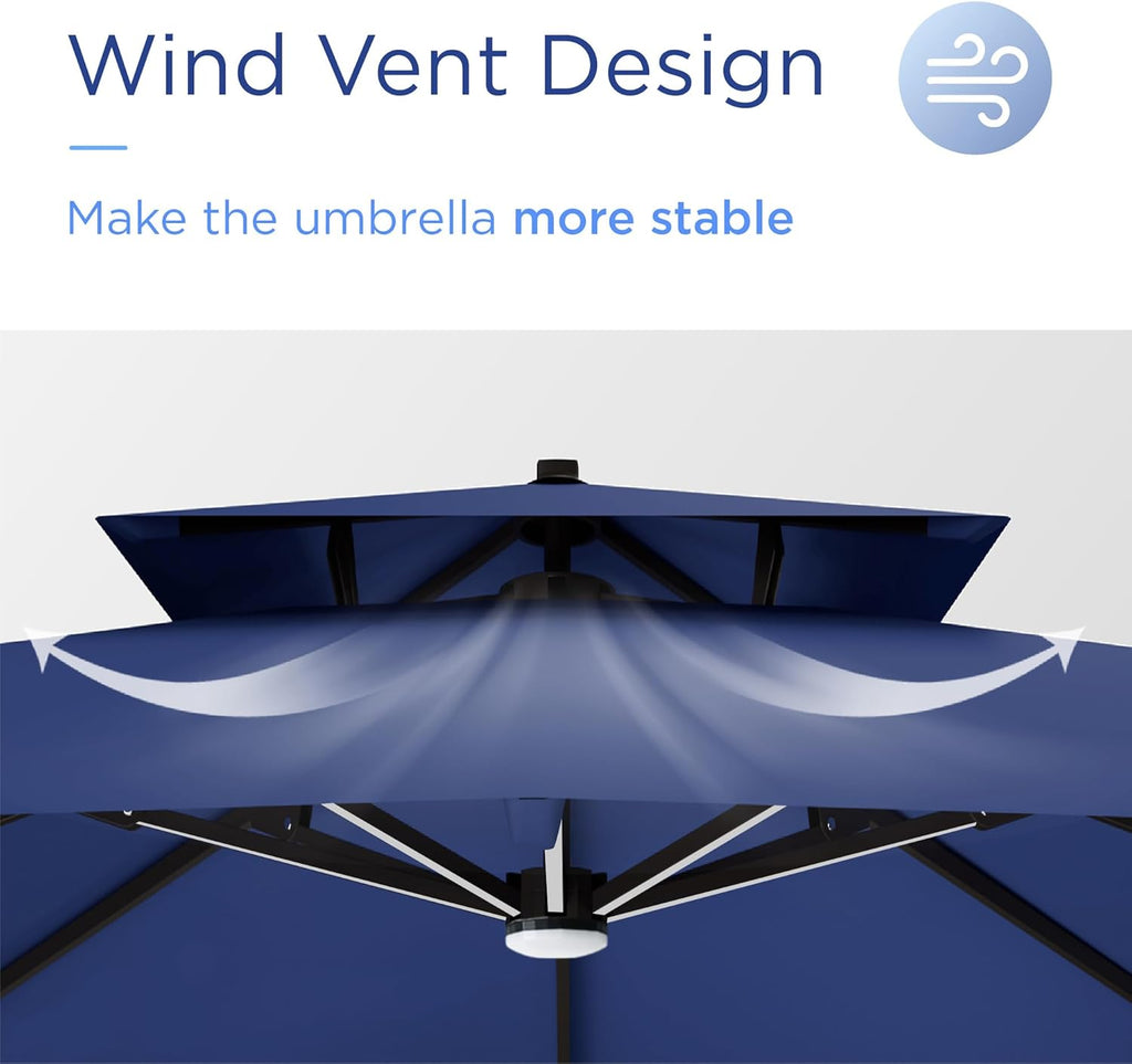 10' X 13' Patio Umbrella with LED Lights Outdoor Cantilever Large Rectangle Offset Umbrellas Heavy Duty Aluminum Double Top with 360-degree Rotation for Pool Garden Deck, Navy