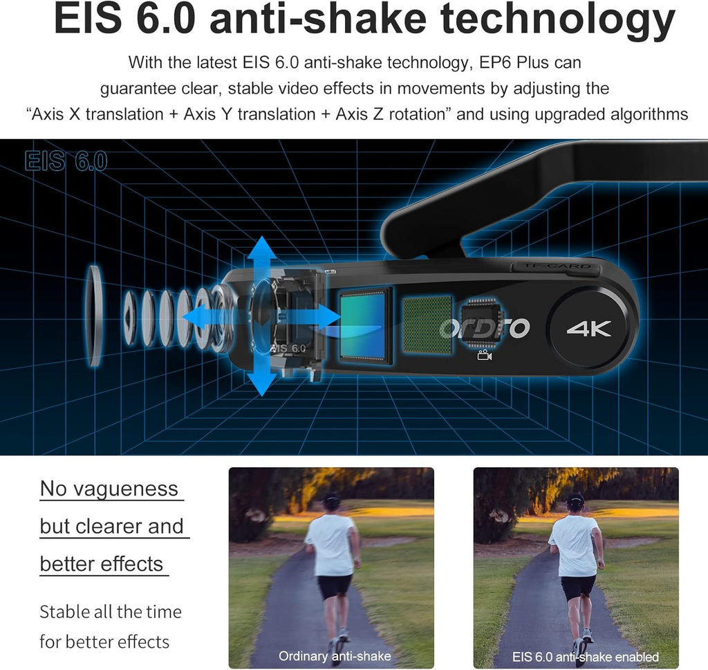 ORDRO EP6 Plus 4K Video Camcorder Wearable Vlog Camera, Vlog Video Camera UHD 1080P 60FPS Hands-Free Head Mounted Camera with EIS 6.0 Anti-Shake, 32G Micro Memory Card, Smart Remote