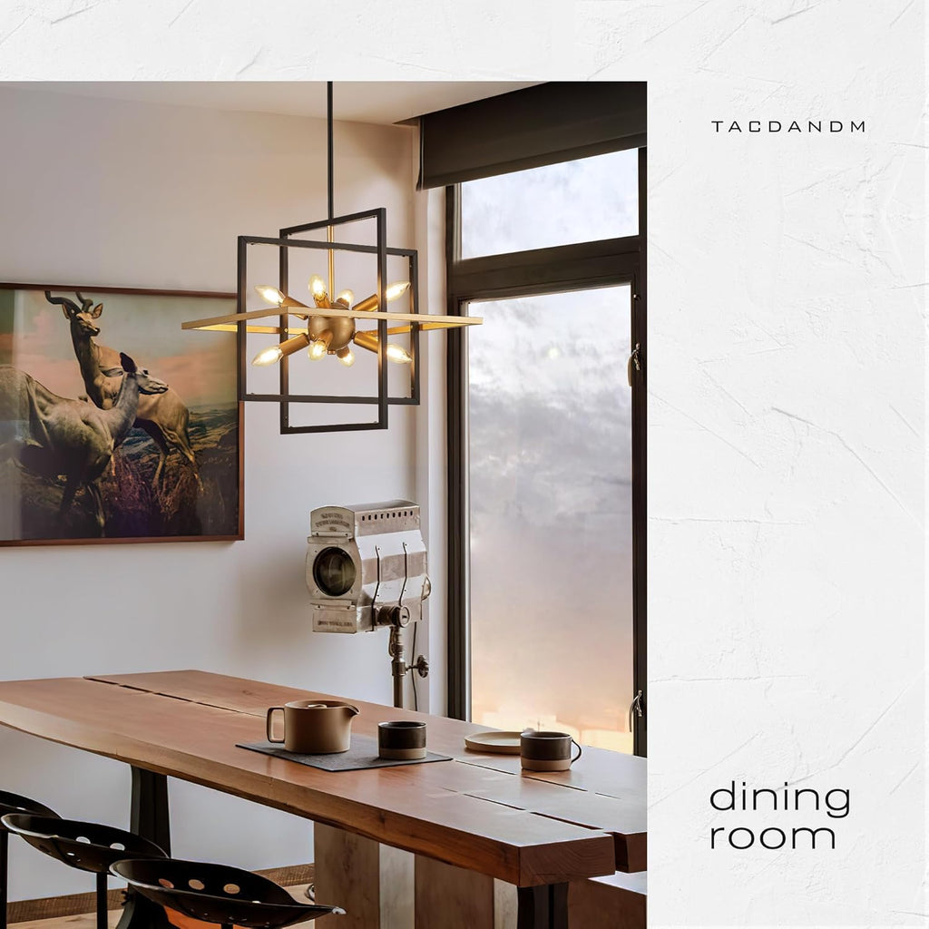 18.9'' Black Gold 8-Light Sputnik Chandelier Modern Industrial Adjustable Hanging Geometric Pendant Light Fixture for Entryway Foyer Stairway Hallway Bedroom Living Room Kitchen Island