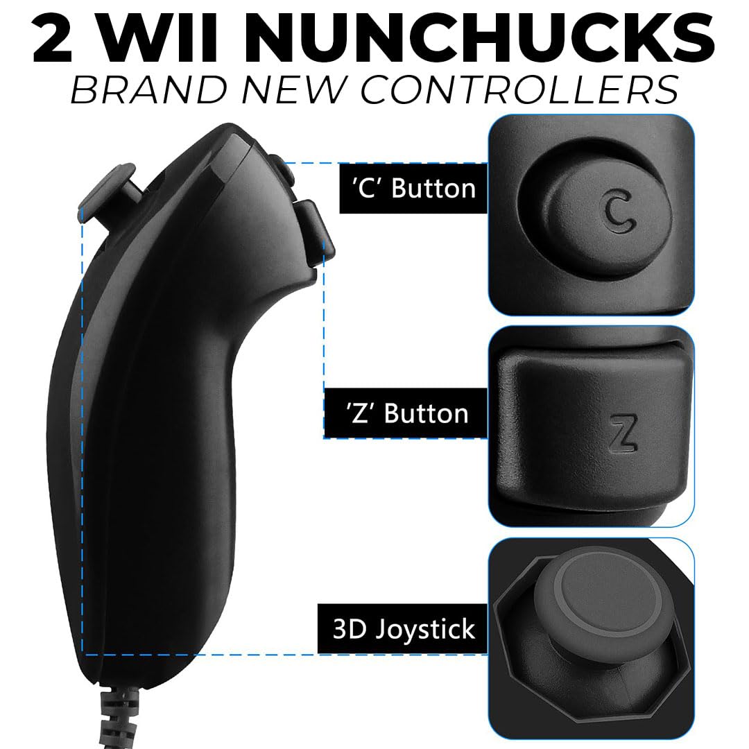 Nintendo Wii Console Bundle Black- With Wii Console Black, 2 Remotes & 2 Nunchuks Fully Compatible, Charging Dock, 2 Rechargeable Batteries, Motion Sensor Bar & Accessories (Renewed)