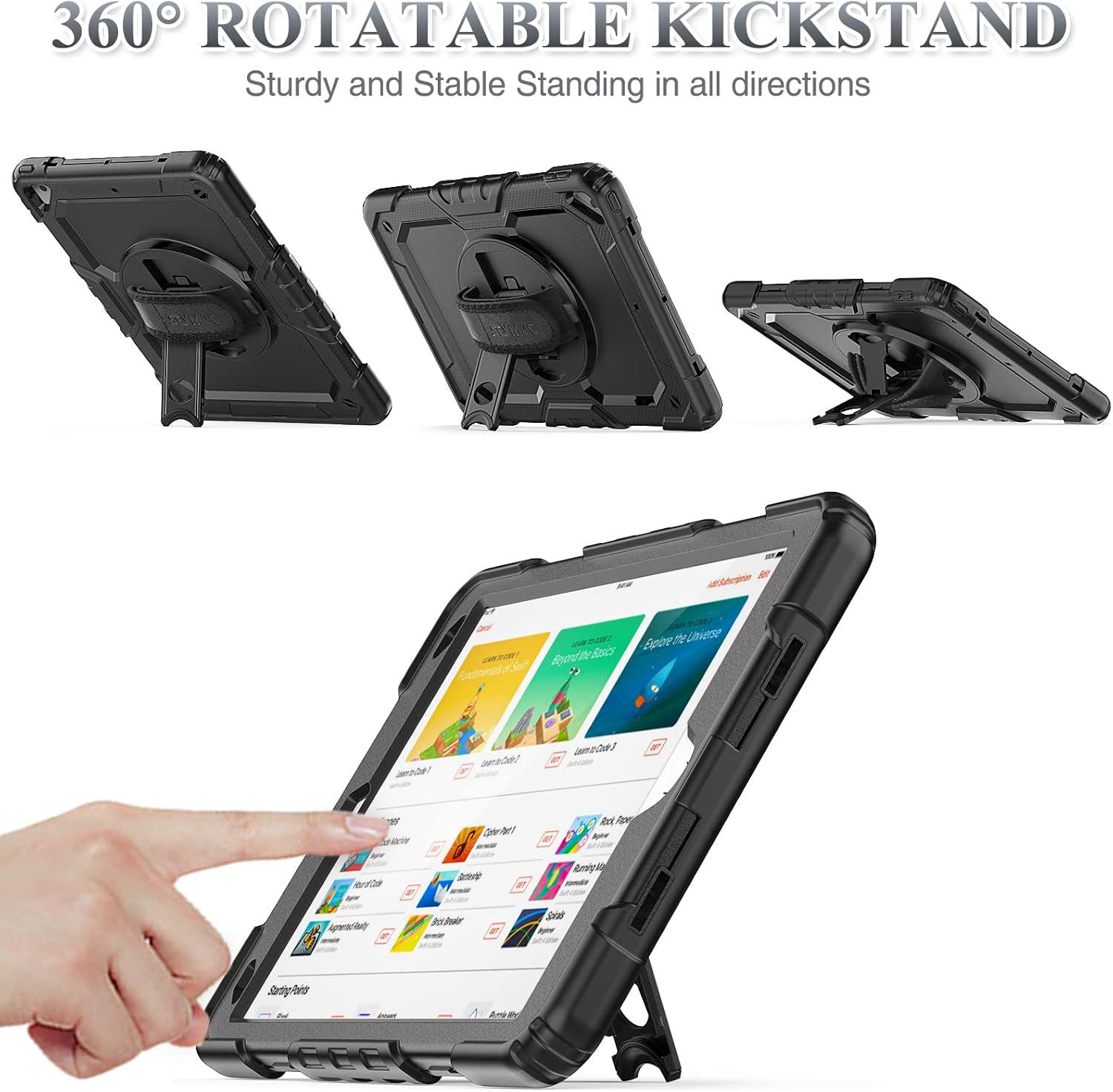 SEYMAC stock Case for iPad Air 3 2019 / Pro 10.5'' with Screen Protector Pen Holder 360° Rotate Hand Strap/Stand, Drop-Proof Case (Black)