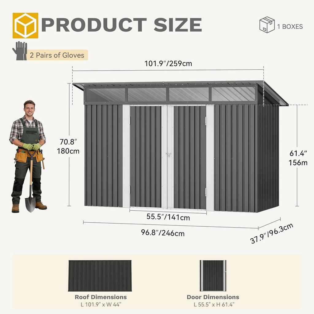 DWVO 9x4 FT Outdoor Storage Shed with Acrylic Windows, Utility Tool Shed Metal Storage Garden Shed with Door & Lock for Bike Storage, Waterproof Trash Shed for Backyard Garden Patio, Dark Dray
