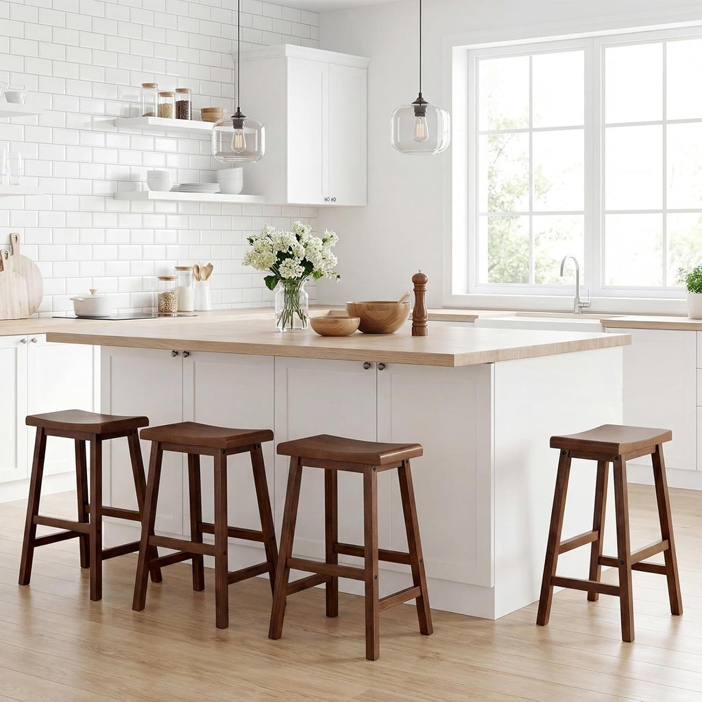 COSTWAY Solid Wood Saddle Stools Set of 4, 24-inch Height Backless Counter Chairs with Footrests, Mid-Century Modern Wooden Barstools for Kitchen Island Dining Room Pub Bistro Bar, Brown