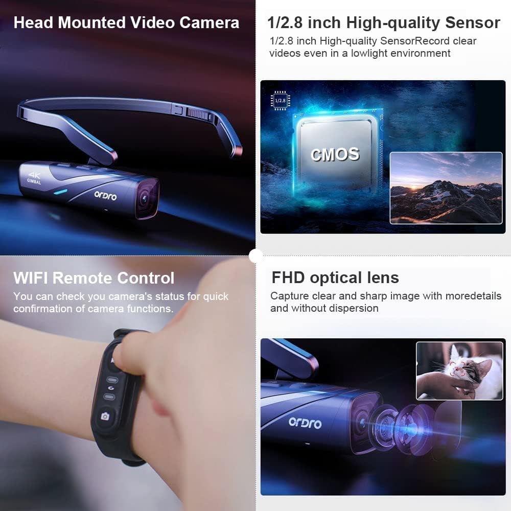 ORDRO EP8 4K 60FPS Head-Mounted Camera with 2-Axis Gimbal Stabilizer | Wearable Vlog Cam | Auto Focus, WiFi App & Remote Control | Includes 64GB Card