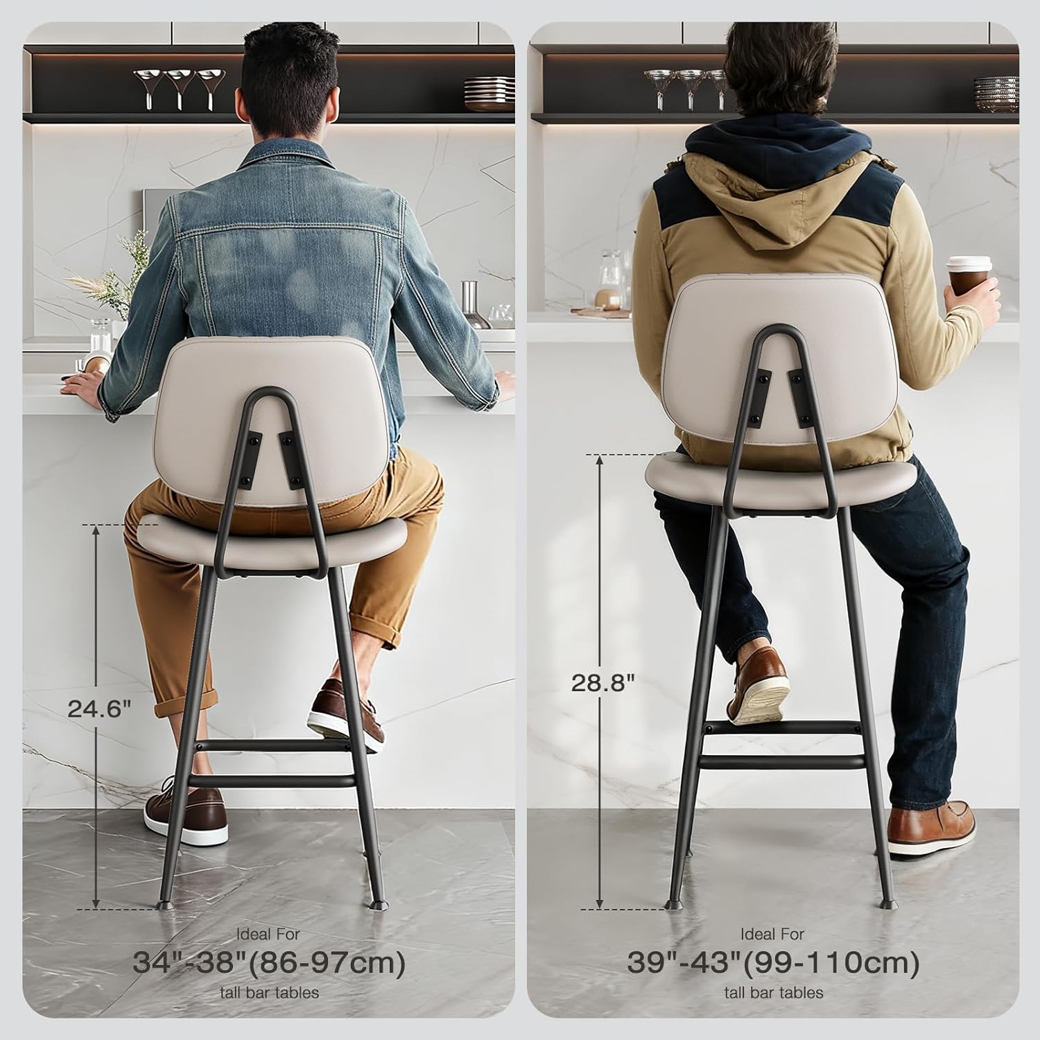 Raynesys 24-Inch Leather Bar Stools Set of 3, Counter Height Barstools with High Backrest .Bar Chairs for Kitchen Island with Heavy Duty Metal Base, Beige