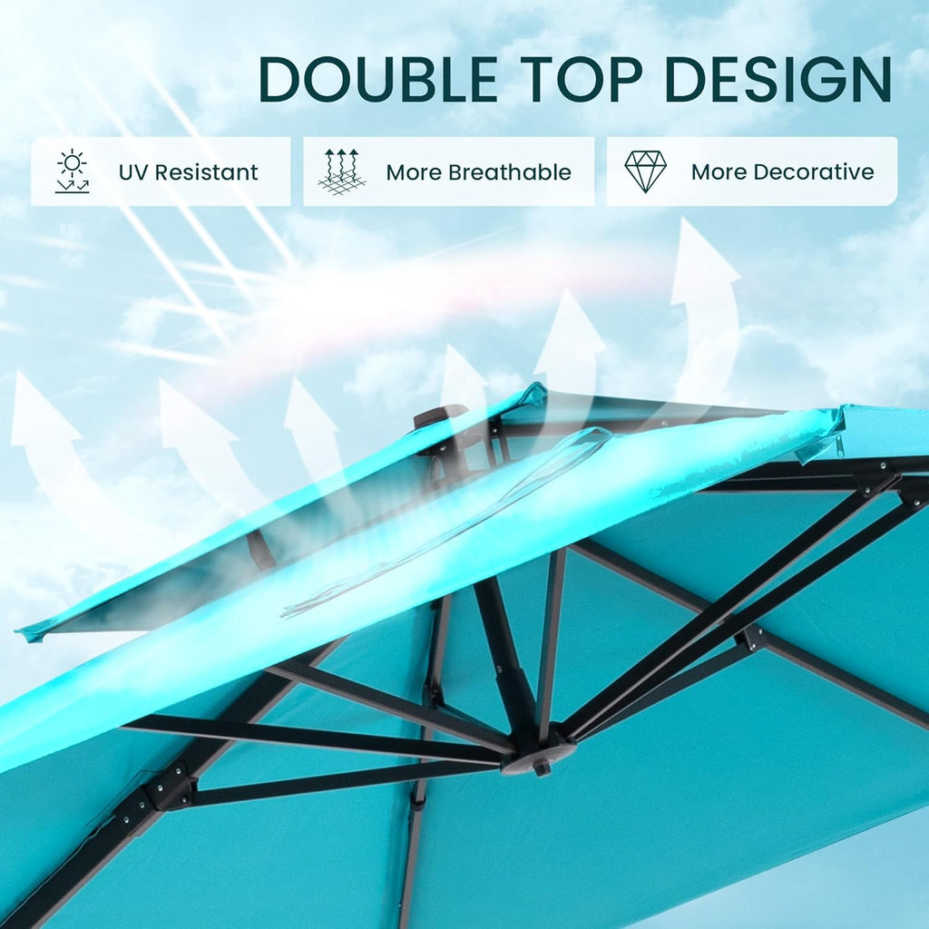 10x10 FT Cantilever Patio Umbrella Double Top Outdoor Square Large Heavy Duty Aluminum Offset Umbrellas with 7 Level Tilt 360-degree Rotation for Pool Garden Deck, Turquoise