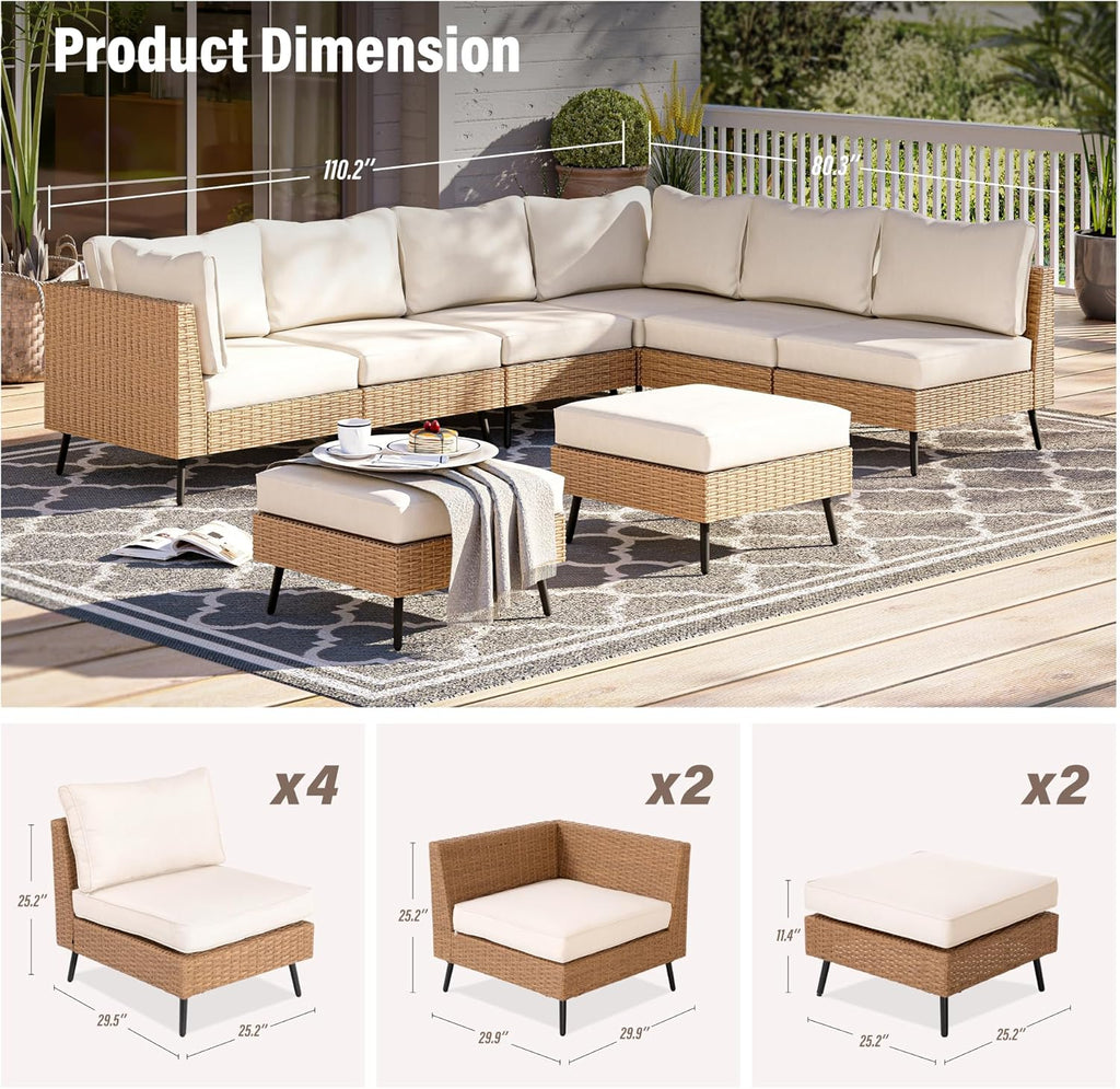 EO Living 8-Piece Patio Furniture Set, Outdoor Sectional Sofa PE Rattan Outdoor Patio Furniture with Thick Cushions, All Weather Patio Conversation Sets for Garden, Poolside, Backyard(Beige)