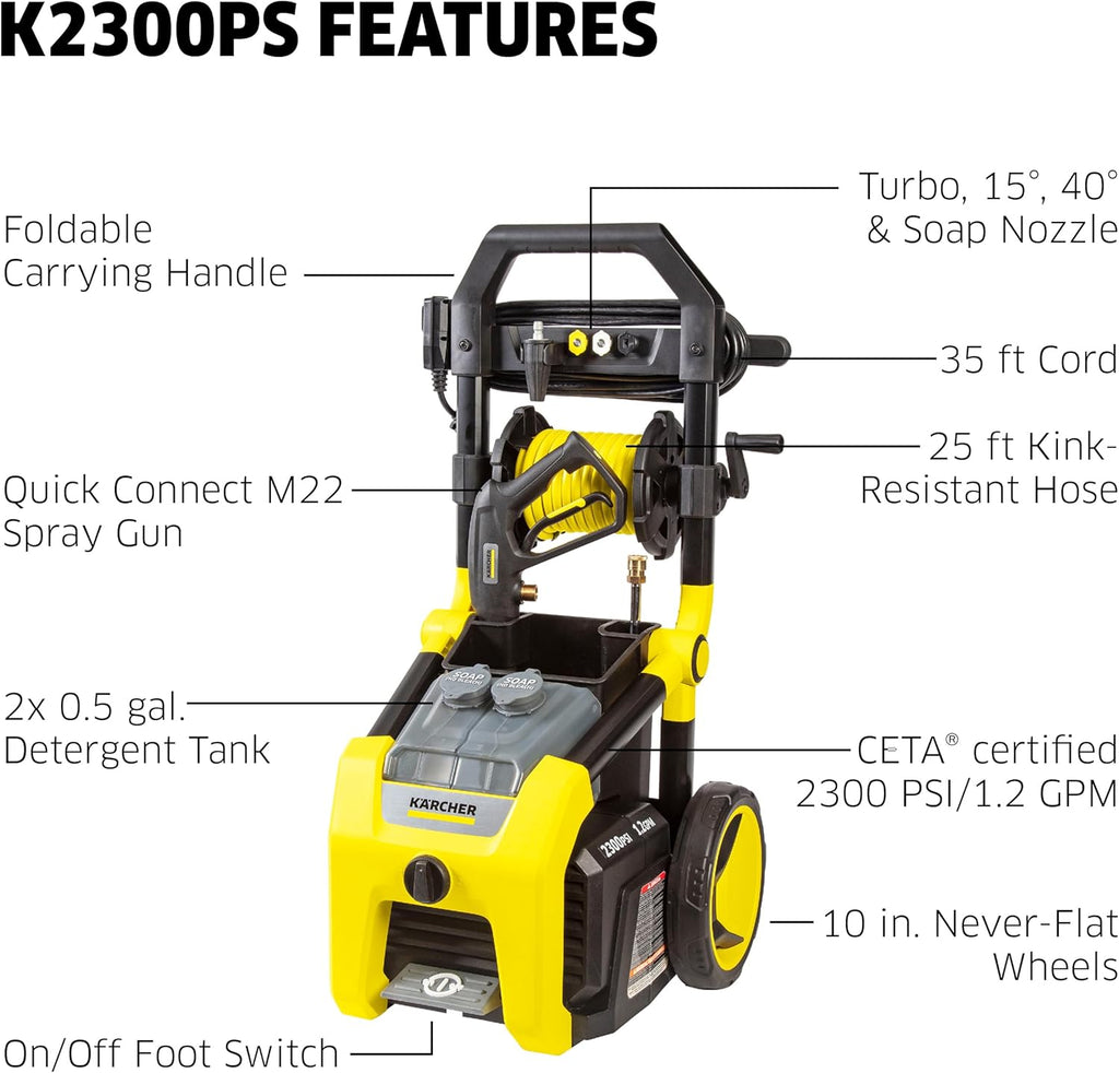 Kärcher Pressure Washer K2300PS, CETA Certified, 4 Spray Nozzles, Detergent Tank, Hose Reel, for Cars, Driveways, Siding, Patios, 1.2 GPM