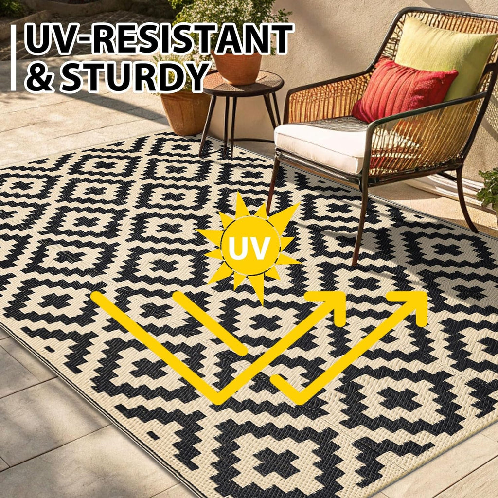 Smiry Waterproof Outdoor Rug 9x12 ft, Reversible Plastic Straw Patio Camping Rugs, Outdoor Indoor RV Mat Carpet for Patio, Outside Entry, Backyard, Deck, Bench, Picnic, Camper, Black & Beige