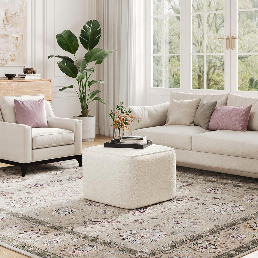 Christopher Knight Home Isa Boucle Pouf Ottoman Foot Rest, Square Fabric Pouffe Ottoman Footstool, Living Room Sofa Couch Extra Seat, Modern Coffee Table for Home Office Bedroom Home Décor, White