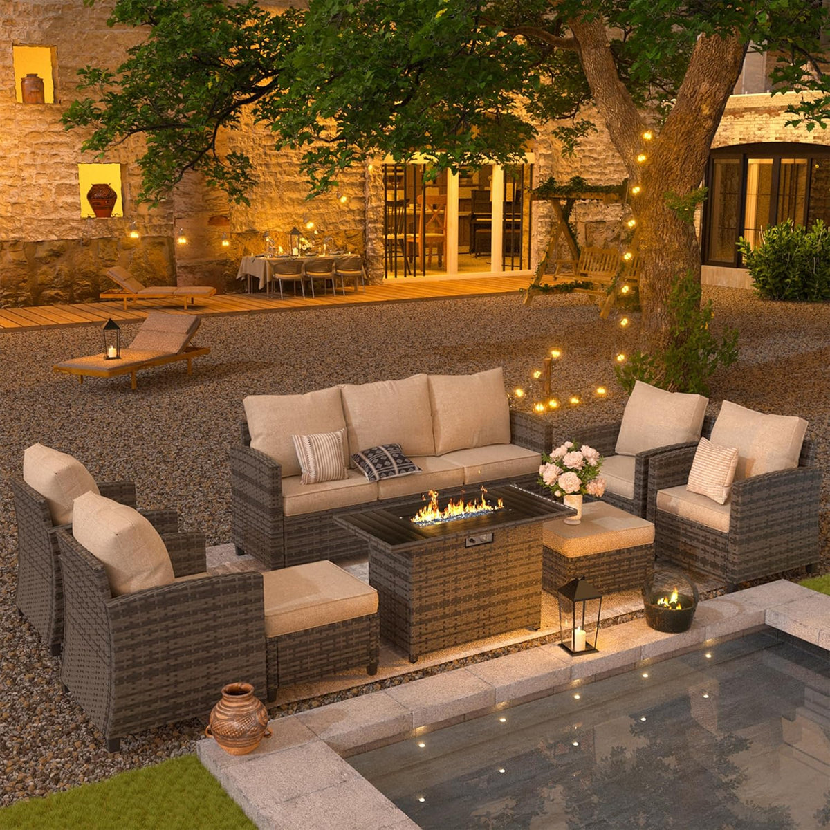 UDPATIO Patio Furniture Set with 44" Fire Pit Table, 6 Pieces Outdoor Sectional Conversation Sets, All-Weather Wicker Rattan Sofa Ottoman with 4" Thick Cushion for Garden Backyard Deck, Khaki