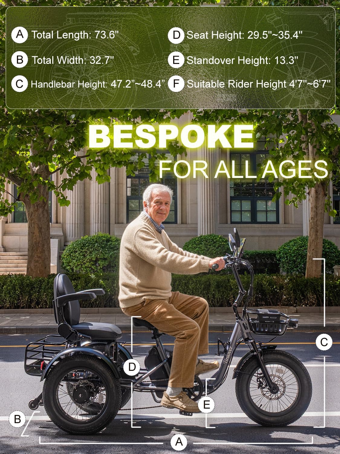 Creek Folding Electric Tricycle for Adults, Etrike with Passenger Seat & Backrest, 1000W 20MPH 80Miles Fat Tire Electric Trike, 3 Wheel Electric Bike, Reverse, Parking, Differential, Gray