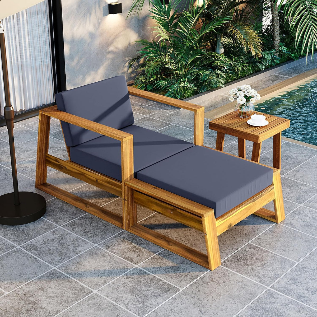 Merax 3 Piece Patio Furniture Set,Acacia Wood Outdoor Lounge Set,Chair & Ottoman and Table, Perfect for Patios, Balconies,and Gardens,Natural+Grey