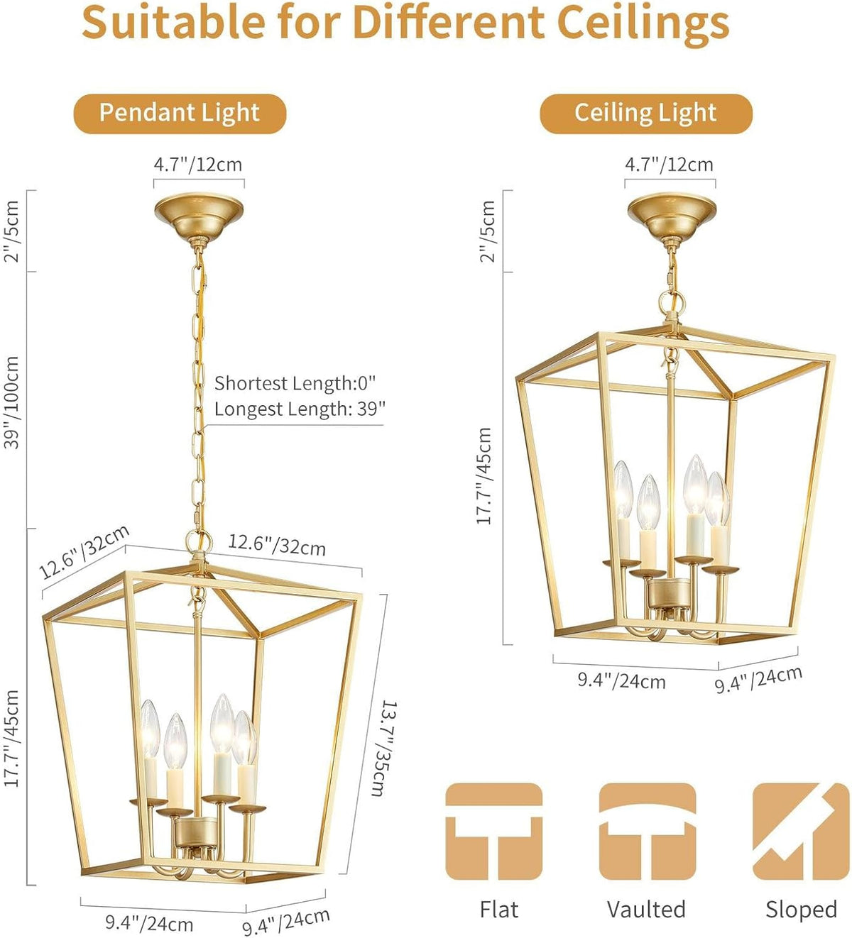 ANJIADENGSHI Vintage Lantern Pendant Light 4 Light Lantern Chandelier Farmhouse Gold Pendant Light for Kitchen Island Entryway Dining Room Hallway Bar Cafe(Bulbs Not Included)