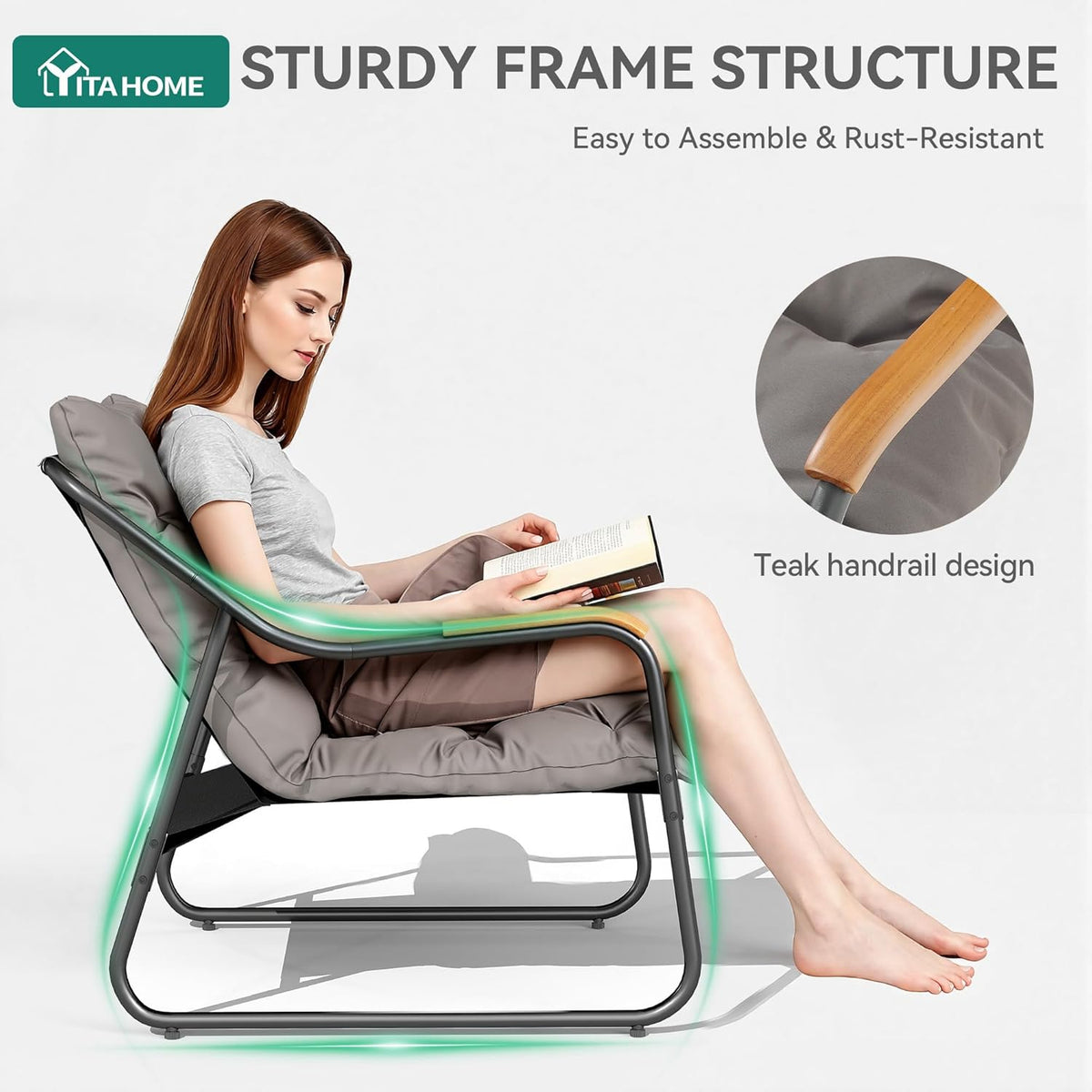 YITAHOME Patio Lounge Chair with Ottoman, Oversized Papasan Chair with Soft Cushion, Indoor/Outdoor Textilene Lounge with Teak Wood Handrail and Footstool for Living Room, Porch, Backyard or Garden