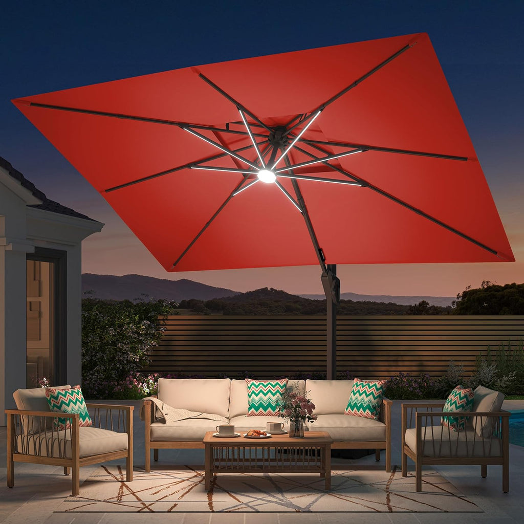 10' X 13' Patio Umbrella with LED Lights Outdoor Cantilever Large Rectangle Offset Umbrellas Heavy Duty Aluminum Double Top with 360-degree Rotation for Pool Garden Deck, Red