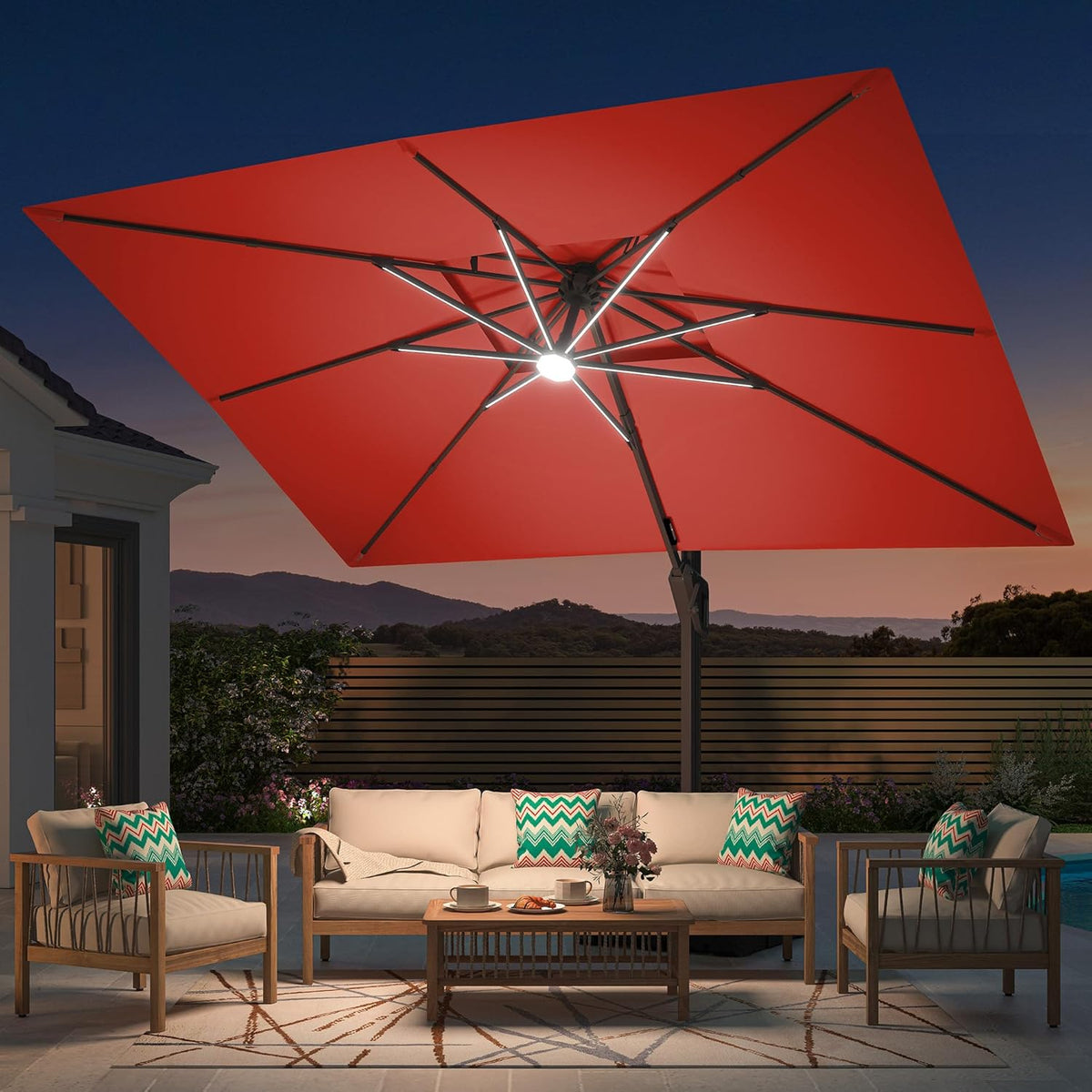 10' X 13' Patio Umbrella with LED Lights Outdoor Cantilever Large Rectangle Offset Umbrellas Heavy Duty Aluminum Double Top with 360-degree Rotation for Pool Garden Deck, Red