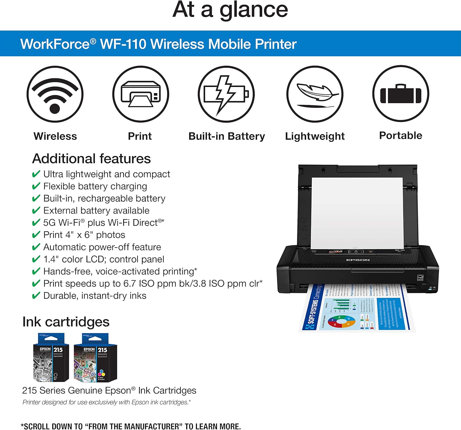 Epson Workforce WF-110 Wireless Color Mobile Printer,White, Small,Black