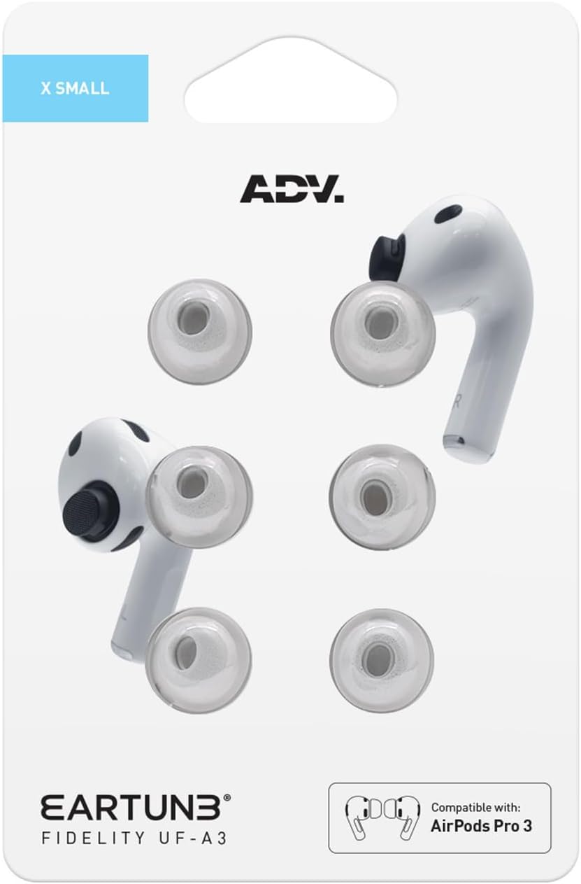 ADV. Eartune Fidelity UF-A3 | Replacement Memory-Foam Tips for AirPods Pro 3 | Secure Fit, All-Day Comfort, Superior Noise Isolation, Rich Bass, Built-in Wax Guard | Grey X Small 3-Pairs