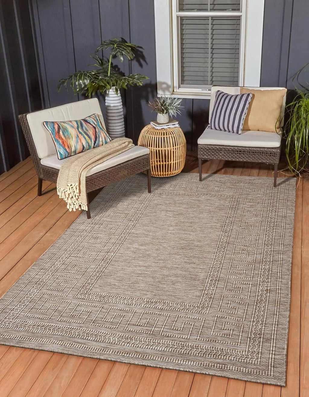 Diana Textured Foldable Indoor Outdoor Rug, 8x10, Weather Resistant, Easy Clean, UV Resistant, Modern Bordered Patio Carpet for Porch, Deck, Backyard, Living Room (8' x 10', Beige)