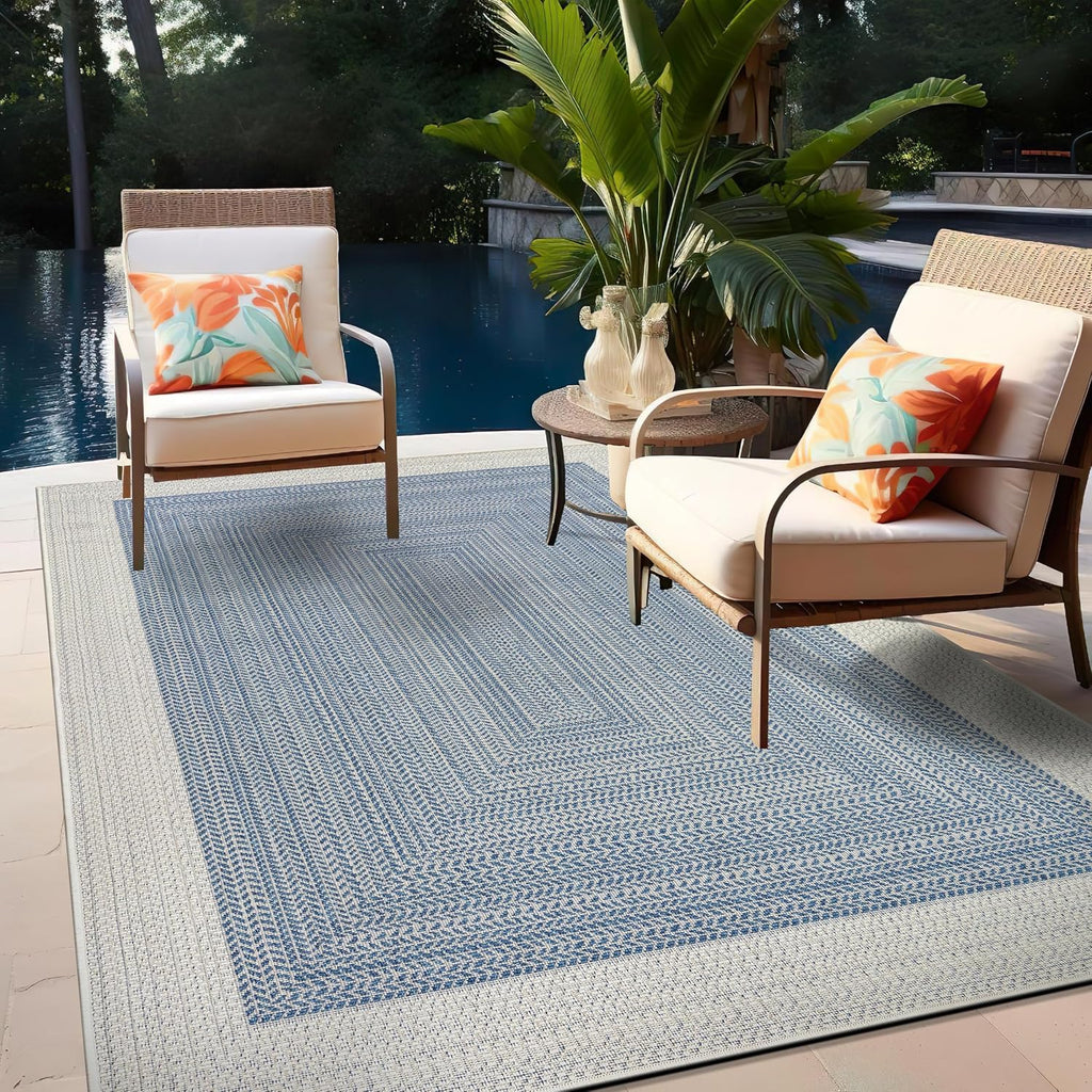 Rugshop Blue Braided Geometric Reversible Weather Resistant Indoor/Outdoor Area Rug, for Patio, Balcony and Living Room, 5' x 7'