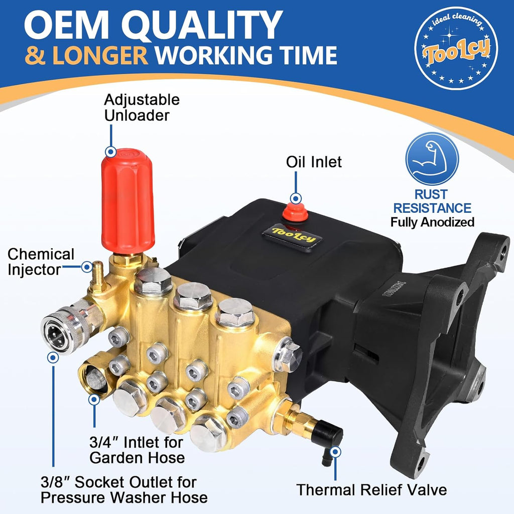 TOOLCY Pressure Washer Pump 3600-4300 PSI Max, 4 GPM Triplex Plunger Pressure Pump, Horizontal 1 inch Shaft Gas Power Washer Pump with Pressure Adjustment Unloader, Direct Drive