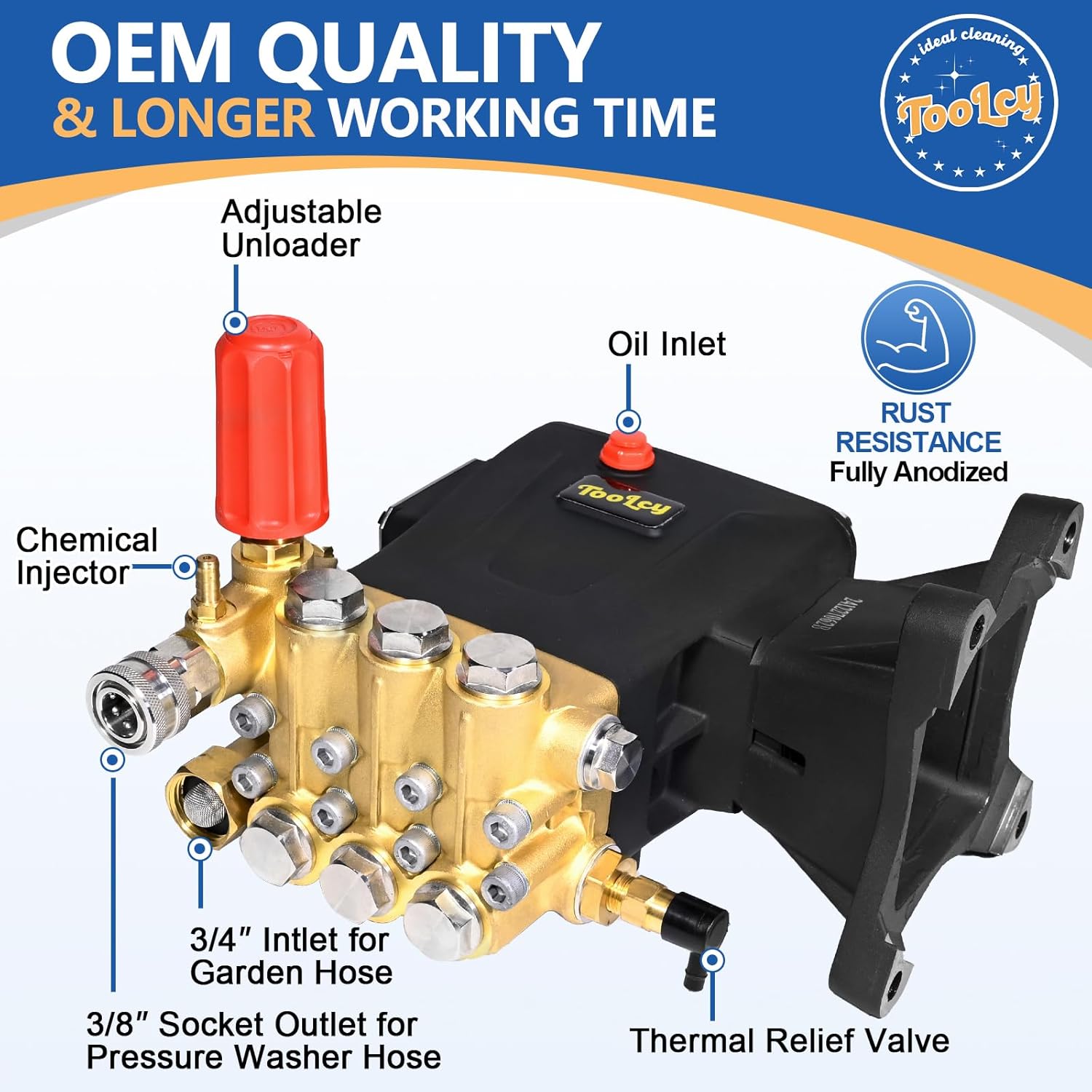 TOOLCY Pressure Washer Pump 3600-4300 PSI Max, 4 GPM Triplex Plunger Pressure Pump, Horizontal 1 inch Shaft Gas Power Washer Pump with Pressure Adjustment Unloader, Direct Drive