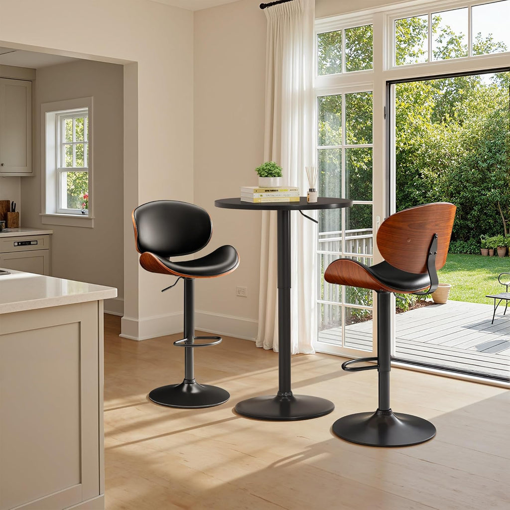 Furmax Bar Stools Set of 2 Adjustable Swivel Bentwood Barstools PU Leather Modern Bar Chairs with Back & Footrest for Bar, Kitchen Island, Dining Room (Black, Set of 2)